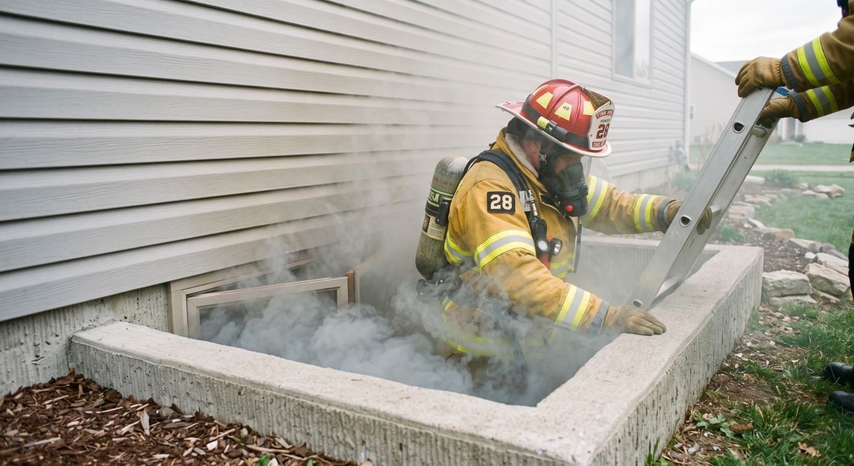 firefighter entering a basement window well